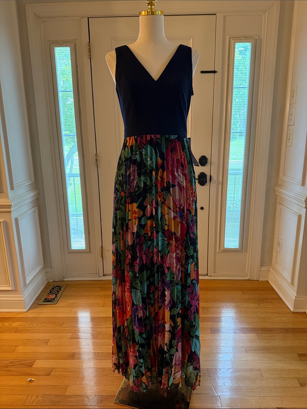 Xscape Navy Bodice Multi-Color Floral Pleated Maxi Dress